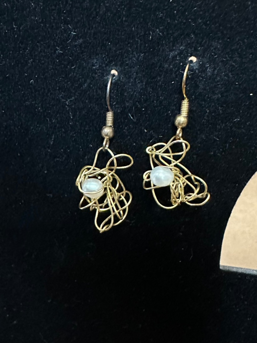 Gold-tone Wire Abstract Dangle Earrings w/ Faux Pearl